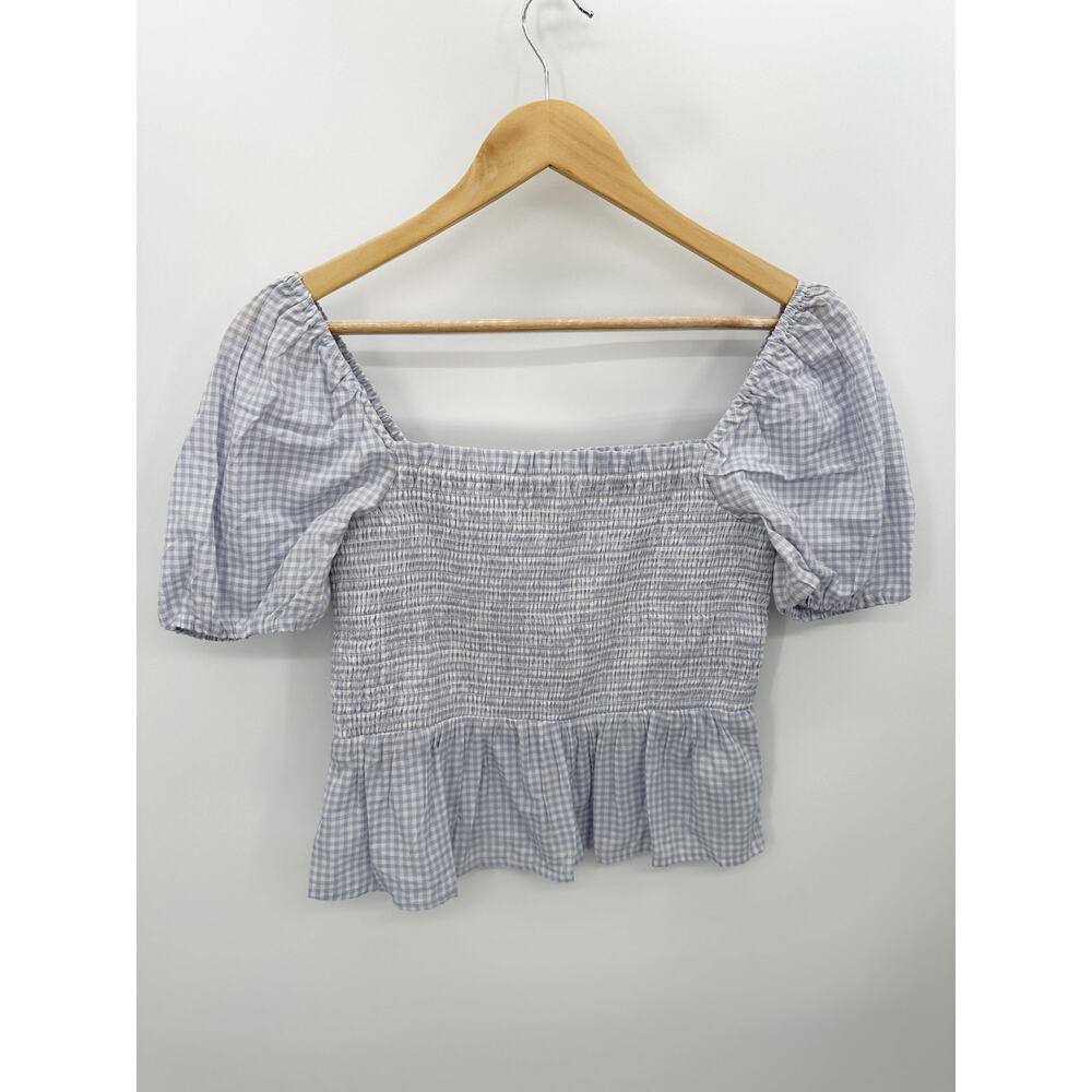 J.Crew Gingham Smocked Puff Sleeve Peplum Top Purple White Size‎ Sz S Coquette